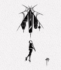 a black and white drawing of a person hanging from a helicopter with the words,'i