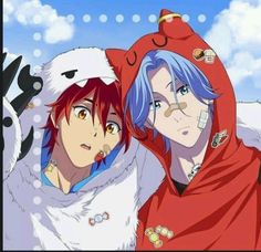 two anime characters standing next to each other in front of a blue sky with clouds