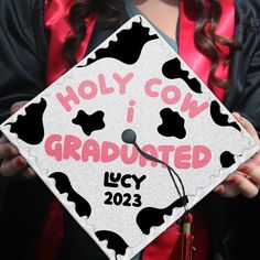 Looking for a unique graduation cap topper on the big day? Check out our design for Personalized Holy Cow I Graduated Printed Grad Cap Topper. It's the perfect choice for you. Or it could be a special gift for your loved one who prepares for the graduation ceremony. This graduation cap topper is digitally hand-drawn (NOT PAINTED), whether you're in a time crunch, or you want something easy and affordable for your special day! It's easy to apply to your graduation cap up to minutes before graduat Decoration Class, Grad Cap Topper, Graduation Cap Decoration Diy