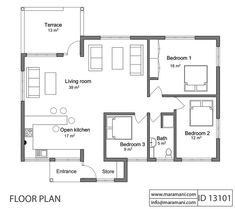 the floor plan for an apartment with two bedroom and one bathroom, including a living room