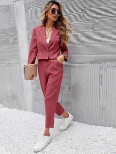 Redwood Casual Collar Long Sleeve  Plain  Embellished Non-Stretch Spring/Fall Women Suits Tapered Pants Outfit, Tailored Pants Women, Spring Business Casual Outfits, Outfit Sets For Women, Spring Business Casual, Womens Dress Suits, Crop Blazer, Blazer Set, Tapered Pants