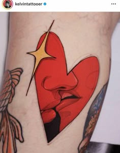 a woman's thigh with a heart and fish tattoo on her left side leg