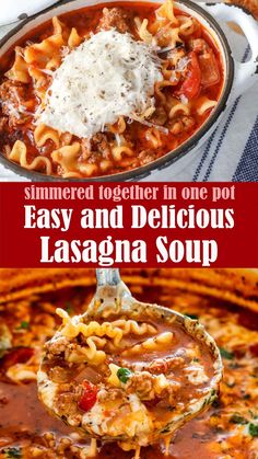 a spoon full of lasagna soup with cheese on top and the title overlay reads slimmed together in one pot easy and delicious lasagna soup