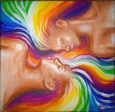 an abstract painting of two women with rainbow hair