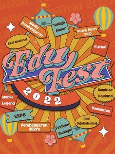 an orange poster with the words bellyfest on it and hot air balloons in the background