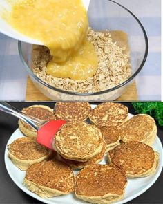 pancakes and butter being poured into a glass bowl