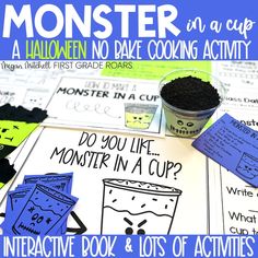 a table topped with lots of writing and activities to teach children how to make monster cupcakes