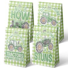 three bags with tractors printed on them