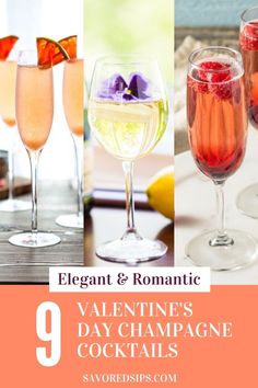 valentine's day champagne cocktails with text overlay that reads elegant & romantic 9 valentine's day champagne cocktails