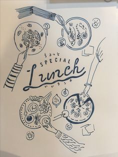 a poster with the words special lunch written in blue ink on a white paper background