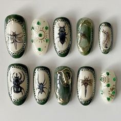 Acrylic Nail Designs Grunge, Zelda Nails, Beetle Nails, Eclectic Nails, Insect Nails, Nail Goals