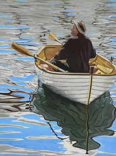 a painting of a man in a boat on the water with oars and paddles