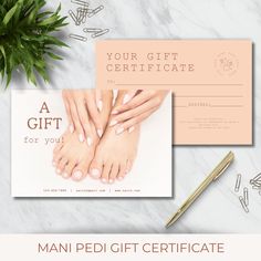 the mani pedi gift certificate is displayed on top of a marble table next to a plant