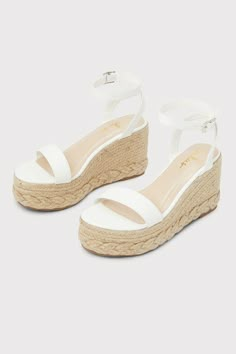 Your sunny vacay plans won't be complete without the Lulus Cesilie White Ankle Strap Platform Espadrille Wedges! Soft faux leather shapes a wide vamp strap and a matching ankle strap that rises from the arch and secures with a silver buckle, all atop a 1.75"" toe platform. A trendy espadrille-wrapped wedge heel completes the summery look! 3. 5" espadrille-wrapped wedge heel. Cushioned insole. Rubber sole has nonskid markings. All Man Made Materials. Imported. Lulus | Cesilie White Ankle Strap Pl White Sandals Platform, Sandals Platform, Cute Platform Sandals, Beachy Heels, Wedges Shoes, Sandal Wedges, Summer Sandals, White Wedge Heels, Cute Running Shoes