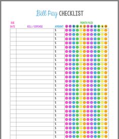 the printable bill pay checklist is shown in rainbow colors and has lots of dots