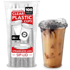 a plastic cup filled with liquid next to a bag of sip - lidd coffee