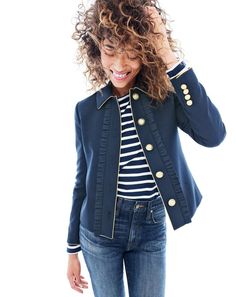 Fun (color) fact from J.Crew: Darker shades of blue, like navy, symbolize wisdom. But you probably already knew that... To pre-order, call 800 261 7422 or email verypersonalstylist@jcrew.com. Blue Outfits For Women, J Crew Outfits, September Outfits, Lady Jacket, Blue Outfits, J Crew Style, Outfit Fall, Outfits For Women, Blue Outfit