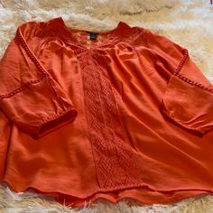 Peach Colored Laced Detailed Top By New Direction. No Flaws. Peach Blouse For Beach, Spring Season, Peach Blouse For Spring Beach Occasions, Peach Blouse For Beach In Spring, Casual Orange Stretch Blouse, Casual Stretch Orange Blouse, Casual Peach Blouse For Spring, Peach Blouse For Vacation, Casual Peach Blouse For Brunch, Casual Peach Blouse For Fall