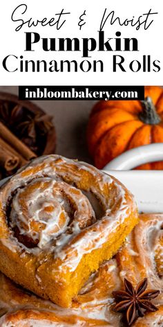 pumpkin cinnamon rolls are stacked on top of each other