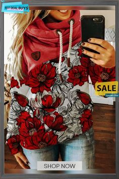 Red Patchwork Printed Long Sleeve Sweatshirt Red Hooded Tops For Spring, Red Graphic Print Top For Fall, Red Graphic Print Hoodie For Spring, Red Patchwork Sweater For Fall, Casual Red Sweater With Graphic Print, Red Cotton Patchwork Top, Spring Patchwork Hooded Tops, Fall Red Patchwork Sweater, Fall Patchwork Red Sweater