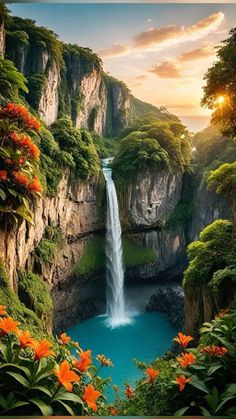 an image of a waterfall in the middle of some mountains with flowers growing on it