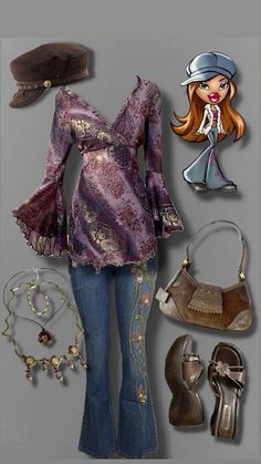 Early 2000s Boho Fashion, Brats Outfits, Brat Outfits, Bratz Aesthetic Outfit, Bratz Sasha, Bratz Outfit