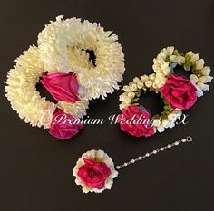 three pieces of white and pink flower hair accessories