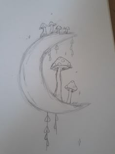 a drawing of mushrooms on the moon with rain drops falling off it's side