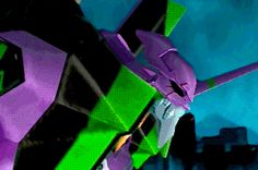 an animated image of a robot with purple and green colors