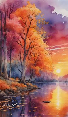 a painting of trees and water at sunset