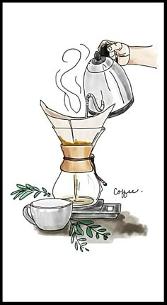 a drawing of coffee being poured into a cup