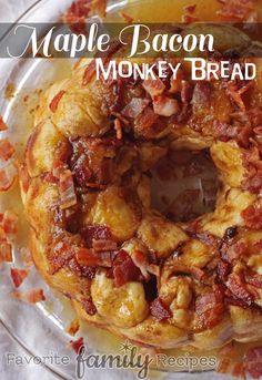 maple bacon monkey bread on a plate with text overlay that reads maple bacon monkey bread