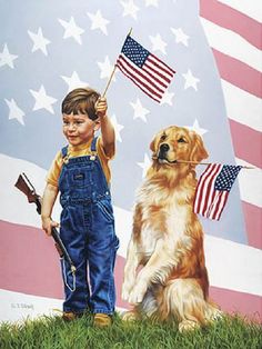 a painting of a boy and his dog holding american flags