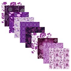 six purple and white flowers are arranged in the shape of square tiles on a white background