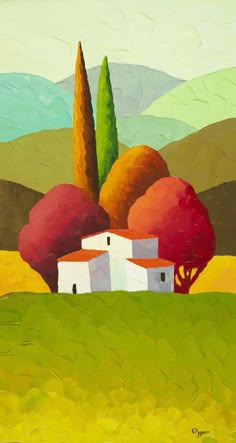 a painting of a house and trees on a hill with hills in the back ground