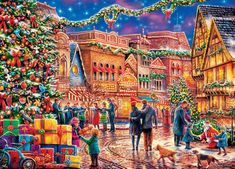 a painting of people walking around a christmas tree with presents on the ground and in front of it