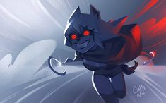 a cartoon cat with red eyes and an evil look on it's face, running