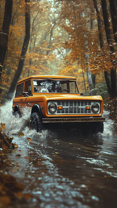 Image of a modded vintage-style Bronco crossing a river in a beautiful fall setting. The Bronco’s rugged look and the colorful autumn backdrop capture the perfect off-road adventure vibe. American Pickup Trucks, Chevy Apache, American Trucks, Ford Broncos