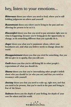 Two adjustments: When feeling guilt, sometimes it might mean that you have grown and realize that you have perhaps behaved in unfairly or in a way that adversely affects others. It's ok to feel it and decide to apologize. That's not weakness, it's growth. If you genuinely did nothing wrong, see the above definition. With anxiety, I think this was a little harsh. With anxiety, you may need medical treatment. But do face your fear of the future. Live your life in the face of fear! Listen To Your Emotions, Mental And Emotional Health, Self Care Activities, Life Coaching, Healing Quotes, Self Improvement Tips, Emotional Health, Emotional Intelligence, Sacred Geometry