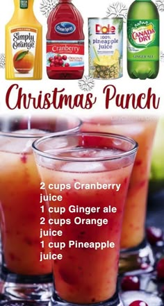 christmas punch recipe with two cups, cranberry juice, orange juice and pineapple juice