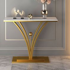 a console table with flowers on it in a room