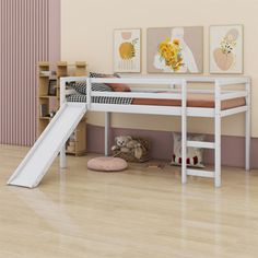 a child's bed with a slide in front of it