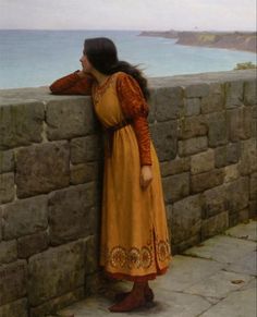 a painting of a woman leaning against a stone wall looking at the water and land