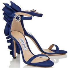 These Striking High Heeled Sandals In Pop Blue Suede Feature An Open Toe, Front Strap, And A Swarovski Crystal Buckle. The Frill Trim Statement Will Definitely Be The Highlight Of Your New Season Wardrobe And Will Also Be The Talk Of The Party. - Color: Pop Blue Suede - Brand New In Box - Heel Height: 100mm/3.9 In. - Swarovski Crystal Buckle Fastening - Ruffle Detail - Made In Italy Sandals Barbados Wedding, Jimmy Choo Flats, Cork Shoes, Jimmy Choo Sandals, Gold High Heels, High Heeled Sandals, Glitter Sandals, Black Leather Flats, Leather Heels Sandals