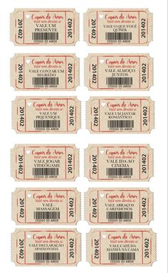 six coupons with the names of different types of items on them, all in red and