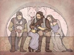 Wolf Blood by ~mustamirri on deviantART. Ned Stark, Arya Stark, Brandon Stark, and Lyanna Stark. "Her father sighed. 'Ah, Arya. You have a wildness in you, child. 'The wolf blood,' my father used to call it. Lyanna had a touch of it, and my brother Brandon more than a touch. It brought them both to an early grave.' Arya heard sadness in his voice; he did not often speak of his father, or of the brother and sister who had died before she was born." Game Of Thrones Instagram, Lyanna Stark, Ned Stark, The North Remembers, Asoiaf Art, Cersei Lannister, Gra O Tron, A Game Of Thrones, House Stark