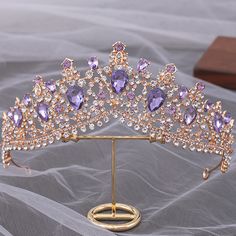 DIEZI Baroque Luxury Elegant Queen Princess Tiara Crown Purple Pink AB Crystal Tiara For Women Quince Crown, Rhinestone Wedding Hair Accessories, Rhinestone Veil, Lavender Quince, Bridal Crown Tiara, Crystal Crown Wedding, Wedding Hair Headband, Crystal Bridal Tiaras, Gold Headpiece