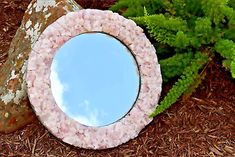 a round mirror sitting on the ground next to a rock and plant with green leaves