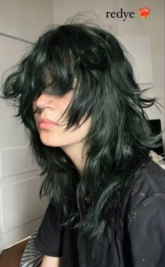 Green Hair No Bleach, Green Dye On Brown Hair, Black Hair With Green Undertones, Green Hair With Black Roots, Goth Green Hair, Dark Brown And Green Hair, Dark Green Hair Aesthetic, Dark Green Short Hair, Grey Green Hair