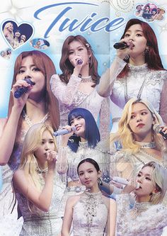 the girls are singing into microphones in front of an advertisement for their album, twice